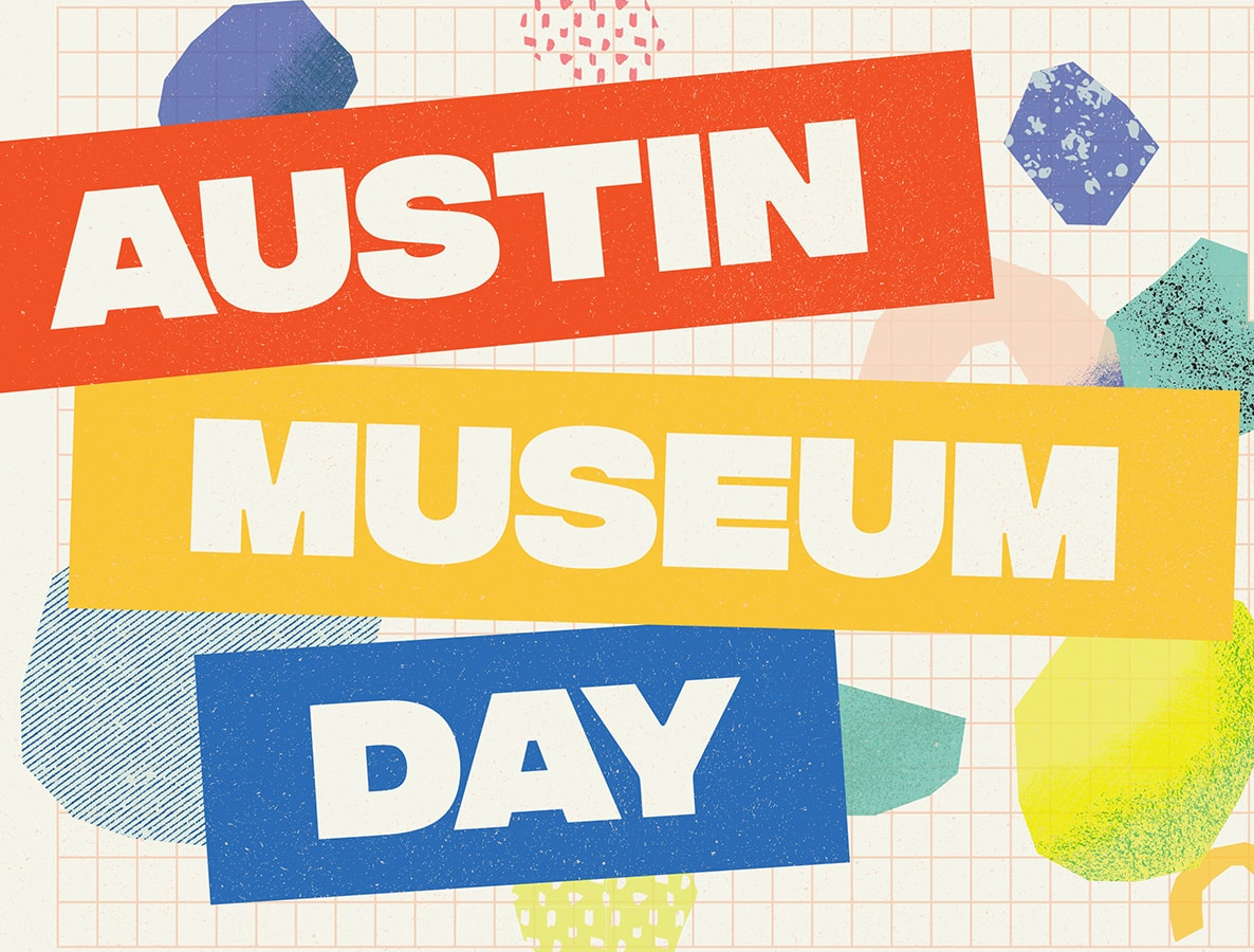 Colorful graphic with bold all caps font reading Austin Museum Day over red yellow and blue colorblocks with abstract geometric shapes in translucent primary colors on light red grid paper background.