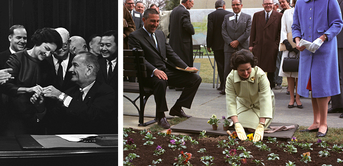 (left) President Lyndon B. Johnson hands Lady Bird Johnson a bill-signing pen in the East Room of the White House at the signing of the Highway Beautification Act on October 22, 1965. Photo: LBJ Library Photo by Frank Wolfe, (right) Lady Bird Johnson plants pansies at the White House as Sec. Stewart Udall and others look on. Photo: LBJ Library photo by Robert Knudsen