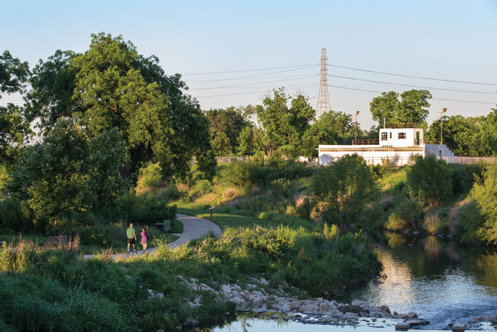 A view of the restored Mission Reach, where Wildflower Center ecological designers participated in the largest river restoration in the United States. Photo by John W. Clark