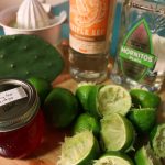 Party on a cutting board: prickly pear syrup and your standard margarita components. Photo: Amy McCullough