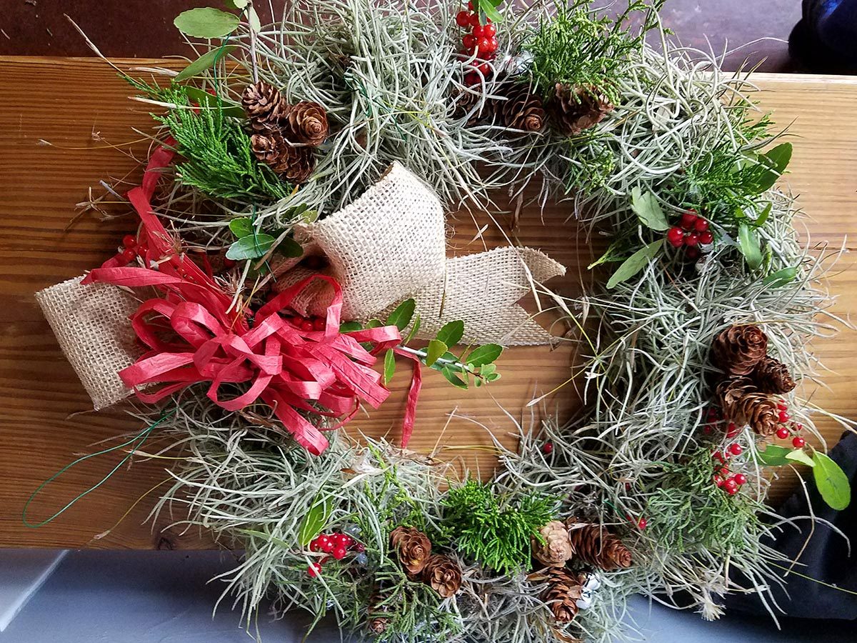 Wreath made of ball moss and native plants