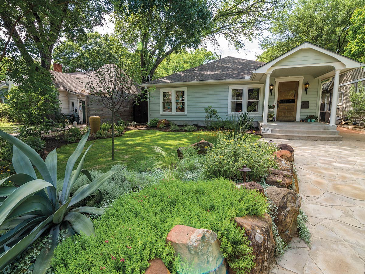 This home in Austin limited its lawn space in favor of native plants such as silver ponyfoot (Dichondra argentea) and Salvia sp. PHOTO and design Native Edge Landscape