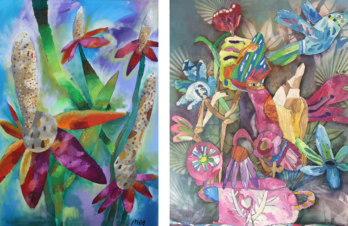 Two colorful wildflower and bird paintings side by side by artists Meg LeCompte and Megan Lee.