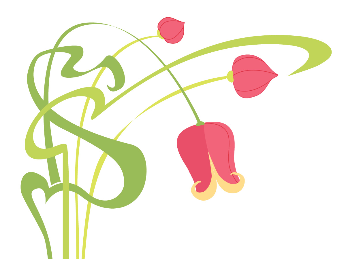 An illustration of a few blossoming pink tulips, their green stems swirling around the left side of the image.
