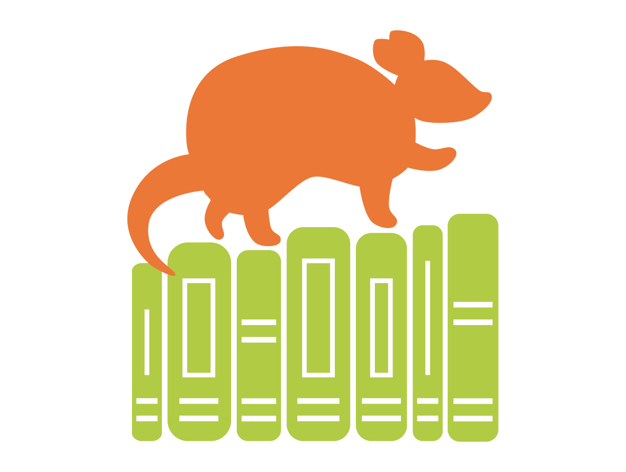 An illustration of a stylized armadillo walks up a staircase made of books.