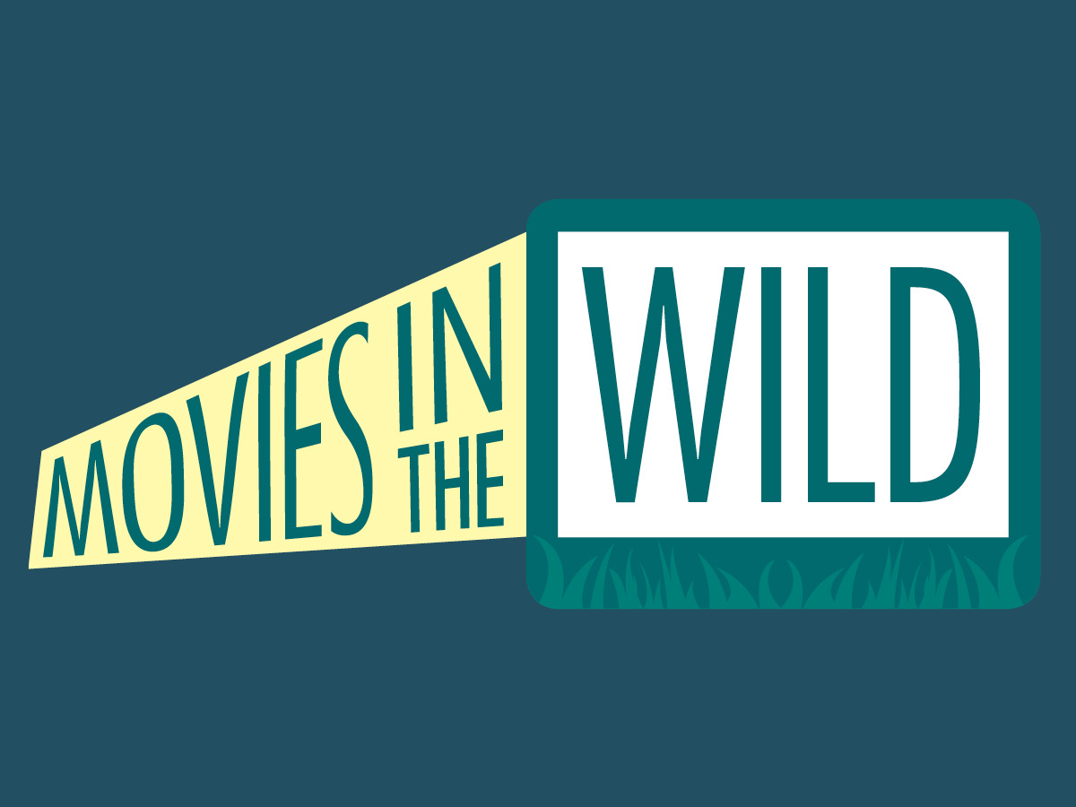 A logo for Movies in the Wild, behind which a stylized projector and movie screen appear on a dark blue background.