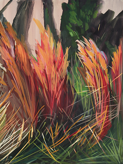 “Fall Plants” by Texas artist Erika Duque depicts bushy bluestem(Andropogon glomeratus),a handsome native grass, in acrylic paint on wood.