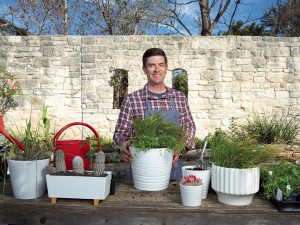 Smiling man standing behind an array of plants in white pots and a red watering can