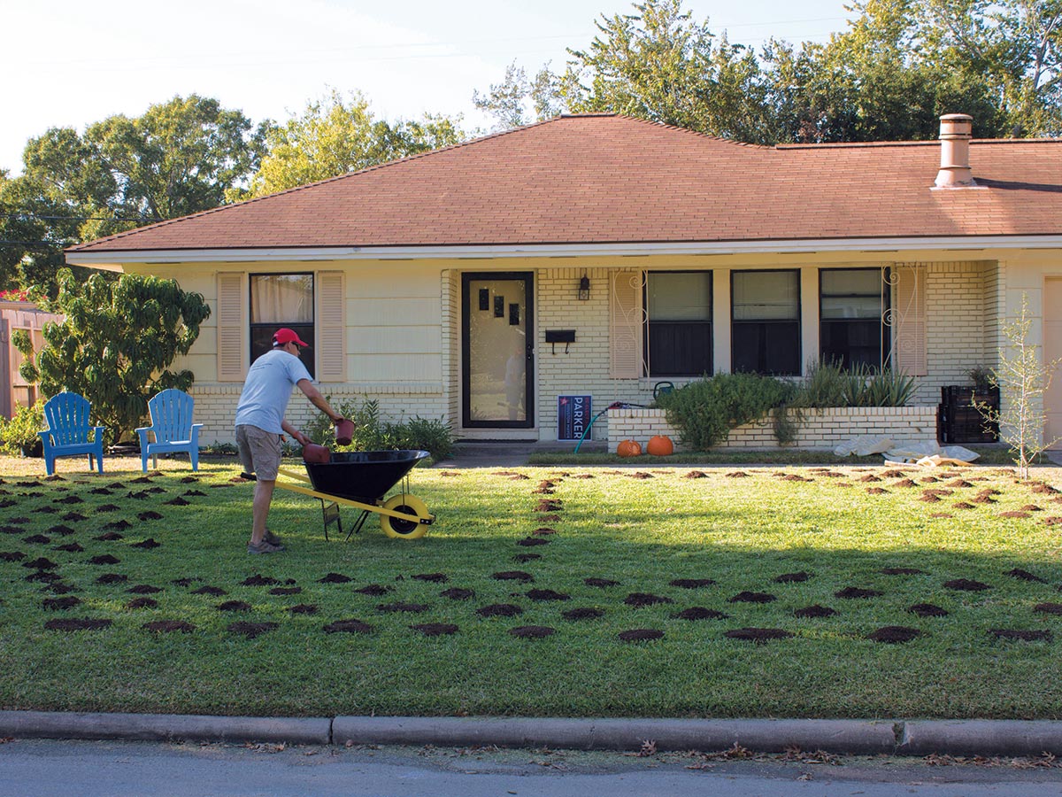 Jaime González adds “dirt patties” to his front yard every October and sprinkles them with native wildflower seeds with the help of family and neighbors.