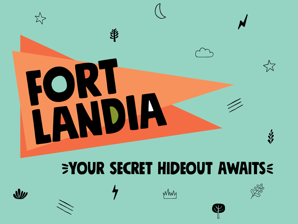 Fortlandia logo in orange on a light green background with the tagline "Your secret hideout awaits"