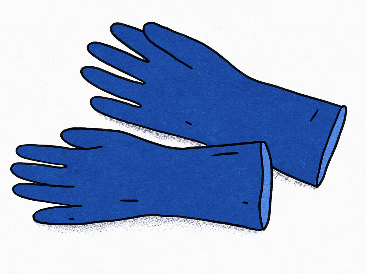 A pair of bright blue rubber gloves