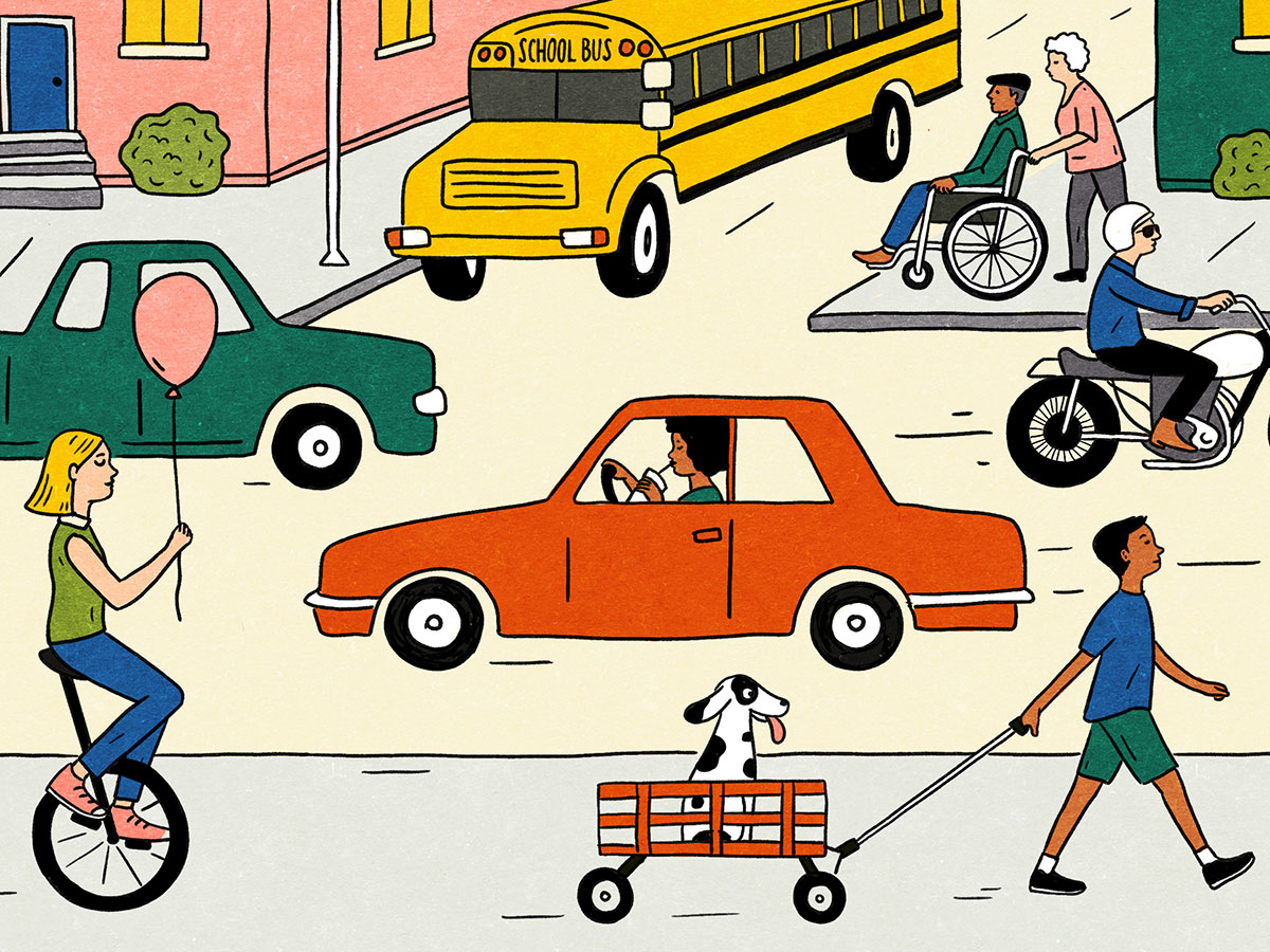 Illustration with diverse people using many types of natural rubber tires