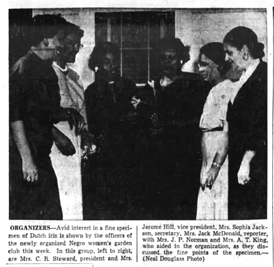 A black-and-white photo from a 1950s newspaper shows six members of Austin's first Black women's gardening club.