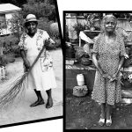 In a pair of black-and-white photos, two mature Black women stand in their yards; the woman on the left has a natural broom and wears mostly white, including a hat; the woman on the right wears a dotted dress and stands in front of a wall of containers.