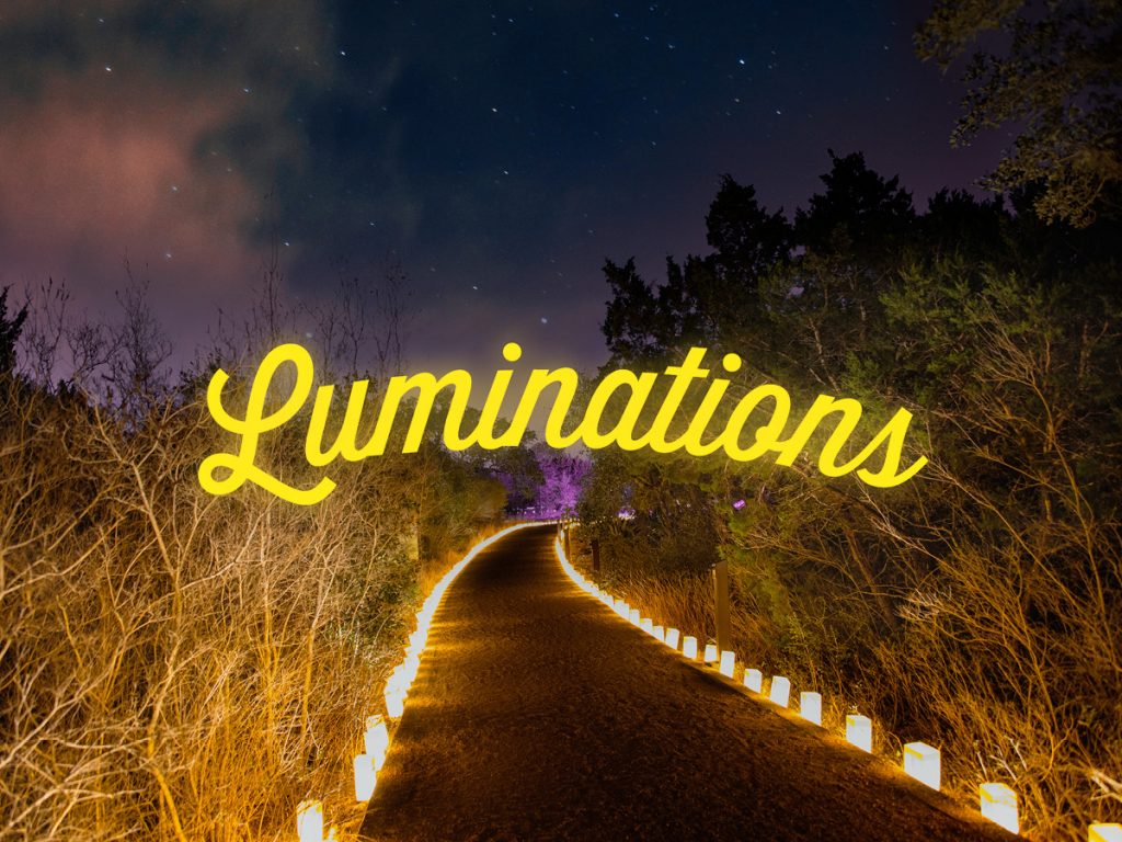 A logo for the 2021 Luminations event featuring an image of a nature path lined with luminarias.