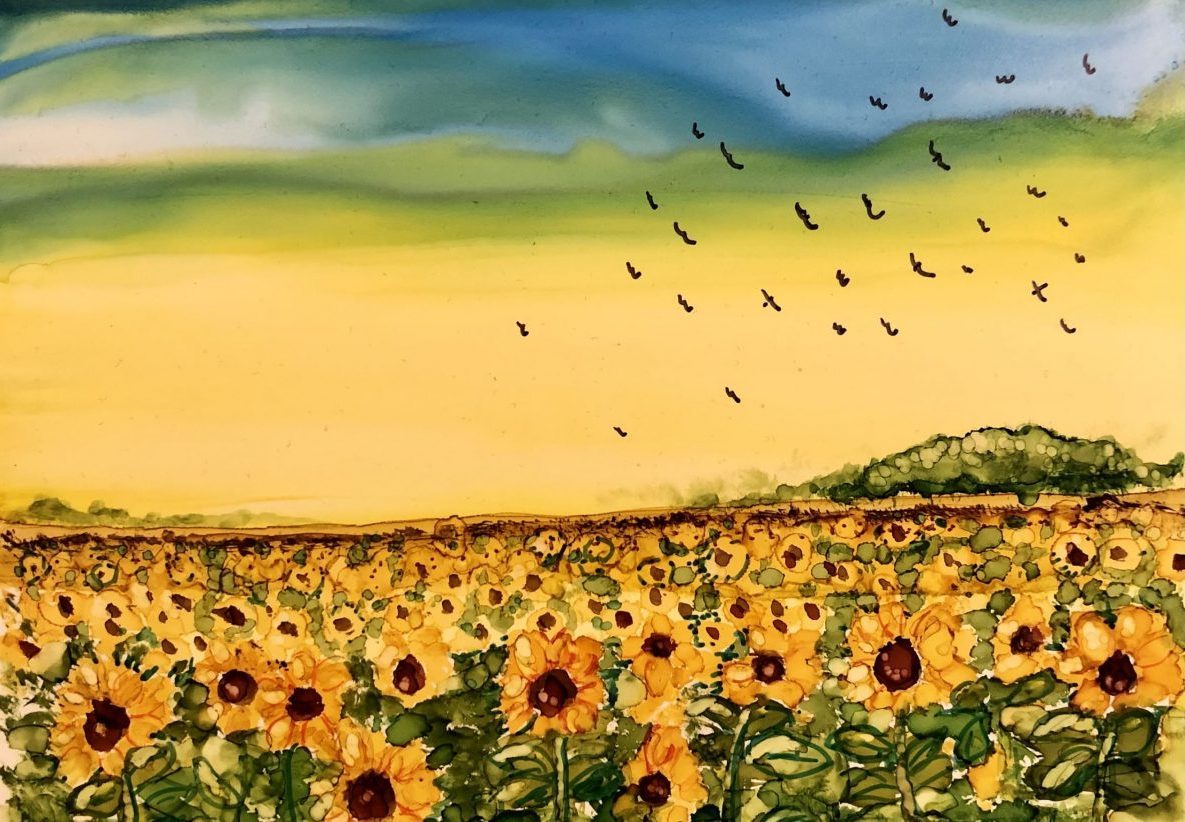 Sunflower field in alcohol inks by artist Andrea Patton
