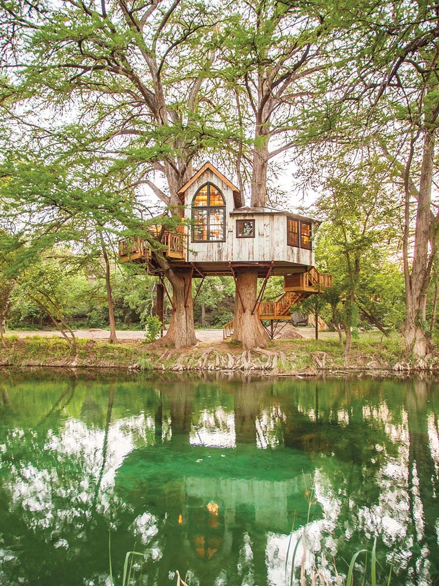 A large, wood house built up in two bald cypress trees. It has glowing yellow windows and is reflected in the green water of the river next to it.