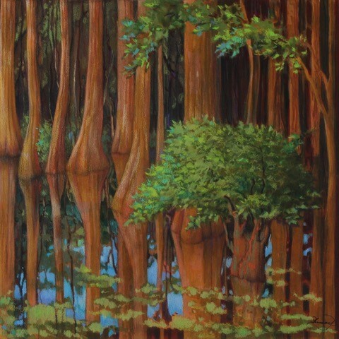 Drawing of trees in water on cradled wood by Priscilla Humay