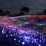 A field at night, lit up by thousands of small multicolored lights.